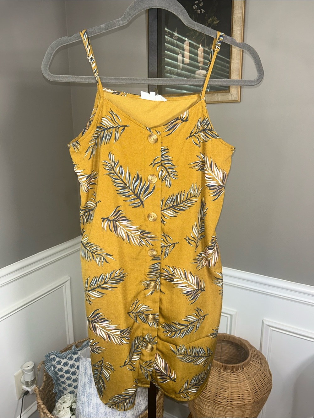 entro Mustard Yellow Tropical-Leaf Spaghetti-Strap Dress